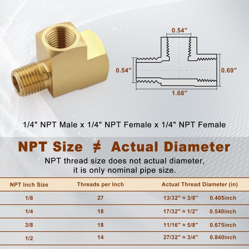 Boeray 2pcs 1/4" Brass Tee Fittings 1/4" NPT Female Pipe to 1/4" NPT Male to 1/4" NPT Female Brass Barstock Street Tee Pipe Fittings 3 Way for Joining Pipe - Image 2
